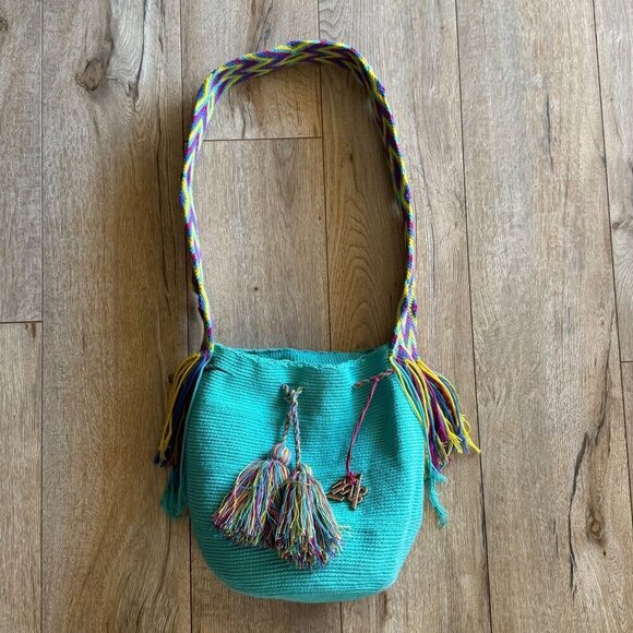 Wayuu Mochilla Teal Multi Color Woven Shoulder Soft Large Tassel Tie Bucket Bag - Picture 10 of 14